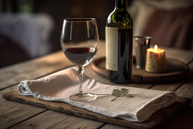 A closeup of napkin on a wooden table with a glass and bottle of wine