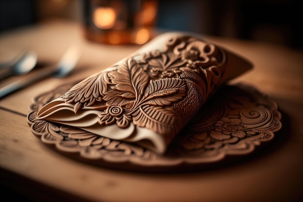 A closeup of a napkin on a wooden table with intricate carvings showcasing the beautiful craftsmanship