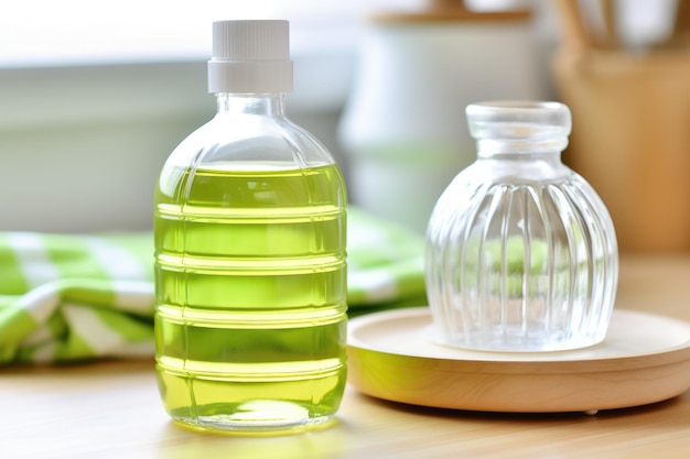 A closeup of a natural dish soap bottle next to a dish rack