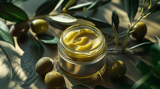 Foto close-up di crema di olio d'oliva naturale in barattolo circondata da olive e foglie fresche