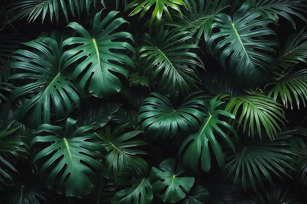 closeup nature view of green leaf and palms background Flat lay dark nature concept tropical leaf