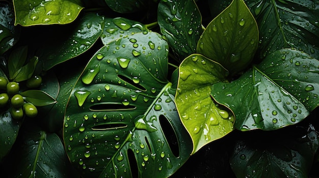Фото Близкий вид на природу с зелеными листьями и пальмами на заднем плане плоская лежащая темная природа концепция тропический лист