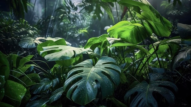 Closeup nature view of tropical green leaf