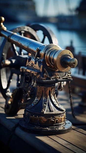 Closeup of a naval cannon on the ship