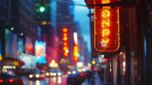 Близкий план неоновой вывески, ярко светящейся на фоне оживленной городской улицы, добавляющей цвет и волнение городскому ландшафту