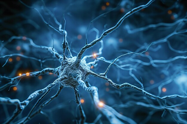 A closeup of a nerve cell with a blue background Generative AI