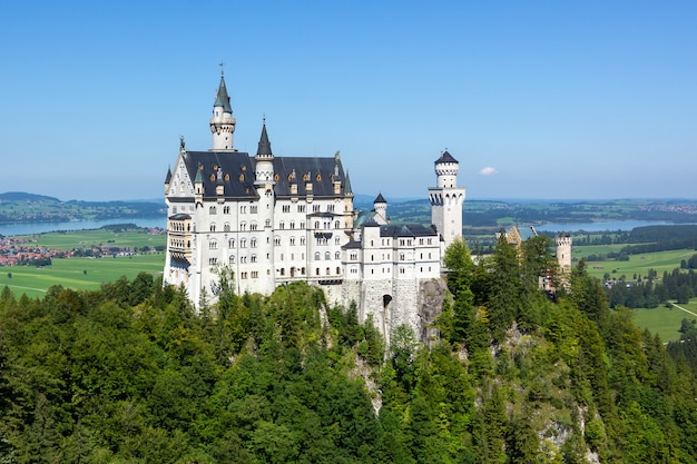 Castello di neuschwanstein del primo piano su una collina in summer