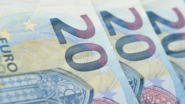 Closeup of new banknote of twenty euros background