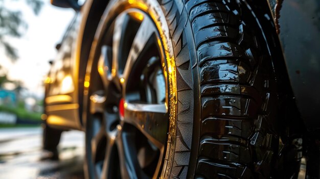 CloseUp of New Car Tire with Shiny Alloy Rim