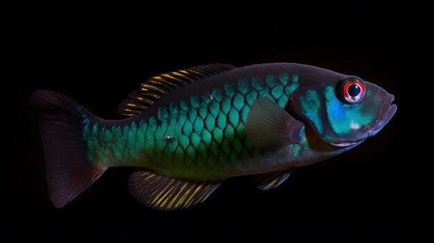 Closeup of new cobaltcolored fish with iridescent scales and membranes on black background showcasing bioluminescent chromatype