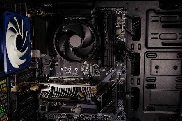 closeup of new computer system unit from the inside