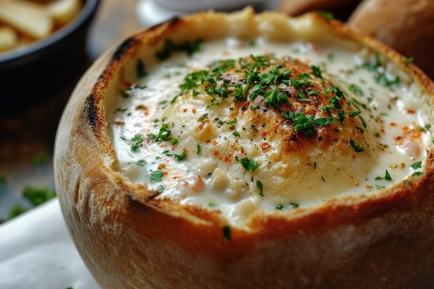 Photo closeup of new england clam chowder in a bread bowl with parsley thick creamy soup of shellfish and