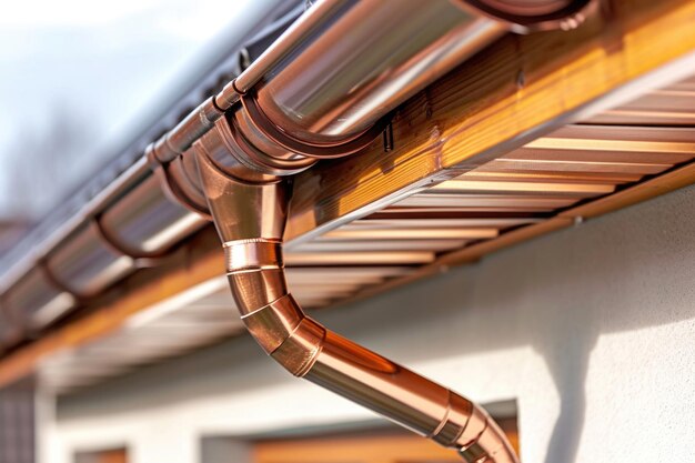 Photo closeup of newly installed copper gutter system on brown siding house