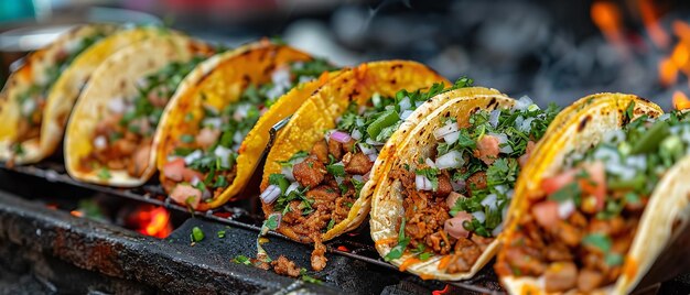 A closeup of newly produced tacos seasoned over a street cart smoky in a queue and space Generative AI