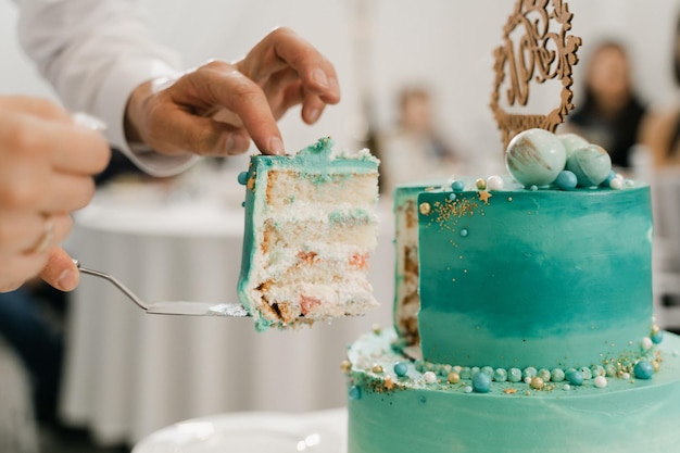 Closeup newlyweds take a piece of wedding cake in whole color