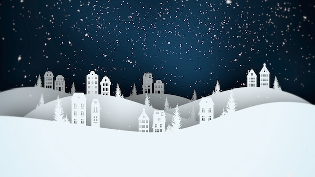 クローズアップの夜の村と雪景色。冬の休日のための豪華でエレガントなダイナミックスタイルの3dイラスト