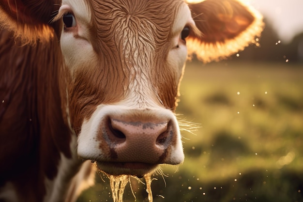 Closeup of the nose and nostrils of a cow in the pasture