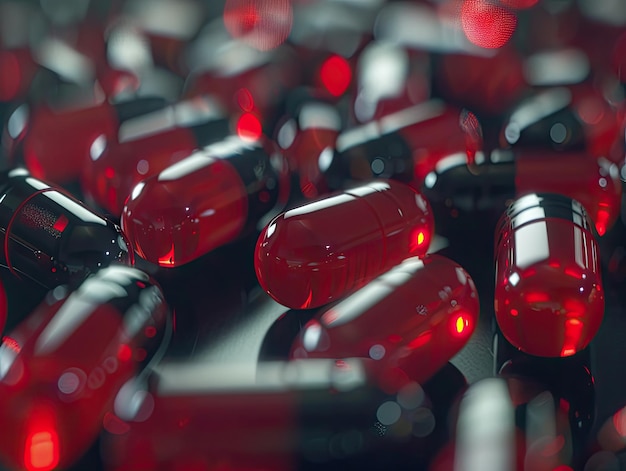 Близкий план многочисленных глянцевых красных и черных капсул, запечатленных с эффектом боке, подчеркивающим фармацевтическую точность и продукты здравоохранения.