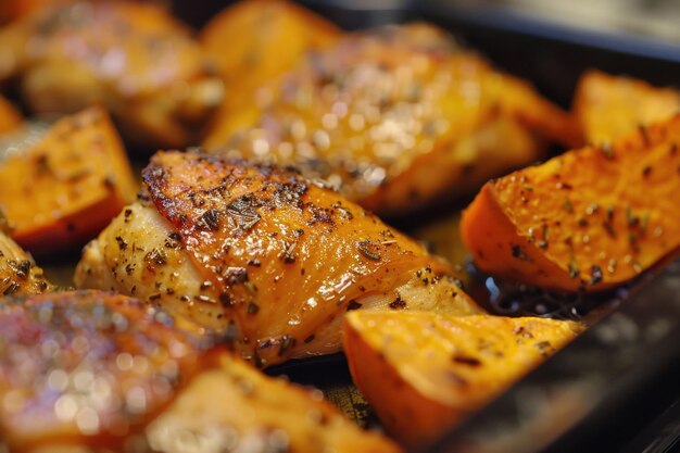 Closeup of a nutritious sweet potato cooking on a hot pan sizzling and caramelizing to perfection