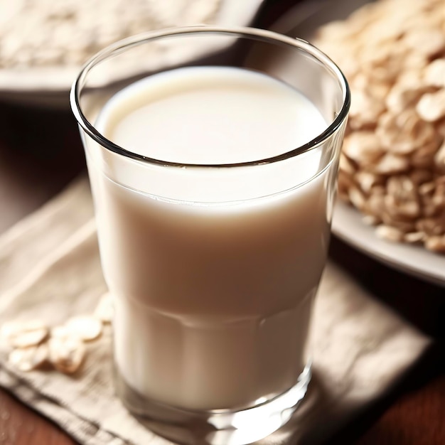Closeup of oat milk in a glass and oatmeal on the table Alternative to lactose
