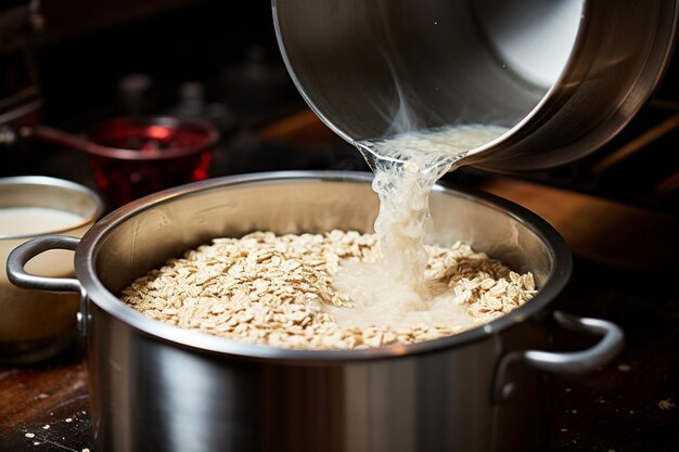 Closeup of oatmeal being cooked in a pot with steam rising