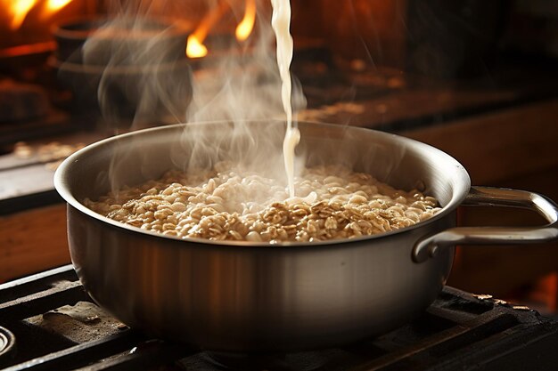 蒸気が上がる鍋で調理されているオートミールのクローズアップ