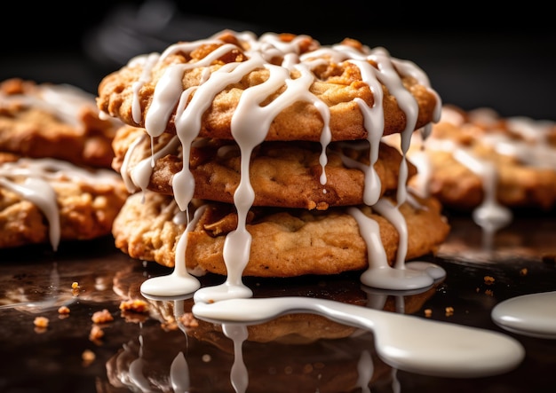 A closeup of oatmeal cookies with a drizzle of icing