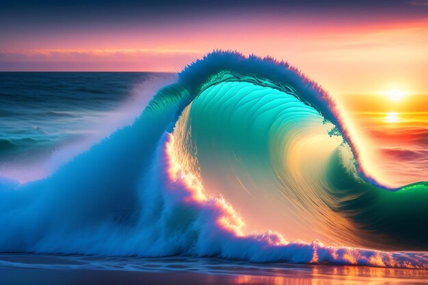 Closeup of ocean breaking waves sunset dawn crashing sea break wallpaper background