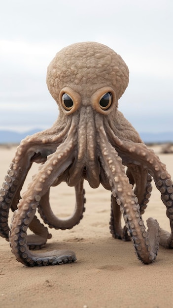 A closeup of an octopus on a beach