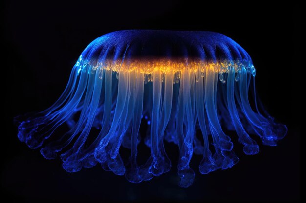 写真 生成 ai で作成された、暗闇で光る生物発光クラゲのクローズアップ