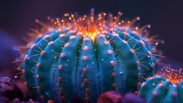 Фото Близкий взгляд на кактус с светящимися каплями воды