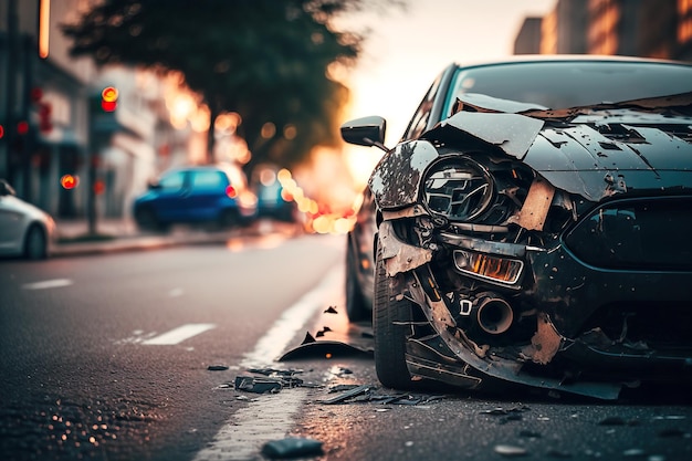 写真 都市の道路脇に衝突した車のクローズアップ ai 生成イラスト