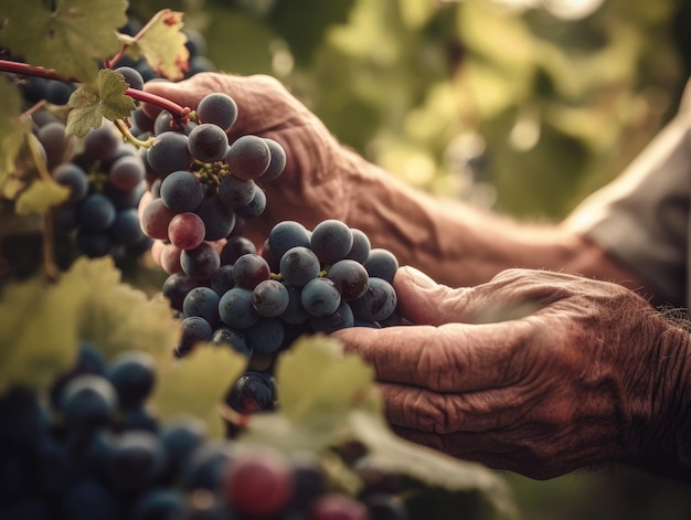 Фото Близкий взгляд на руки фермеров, проверяющих зрелость винограда в виноградниках