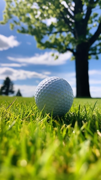 Фото Клоуз-ап мяча для гольфа на зеленом с деревом и голубым небом на заднем плане