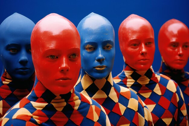 Фото Клоуз-ап группы красных и синих пластиковых масок на синем фоне
