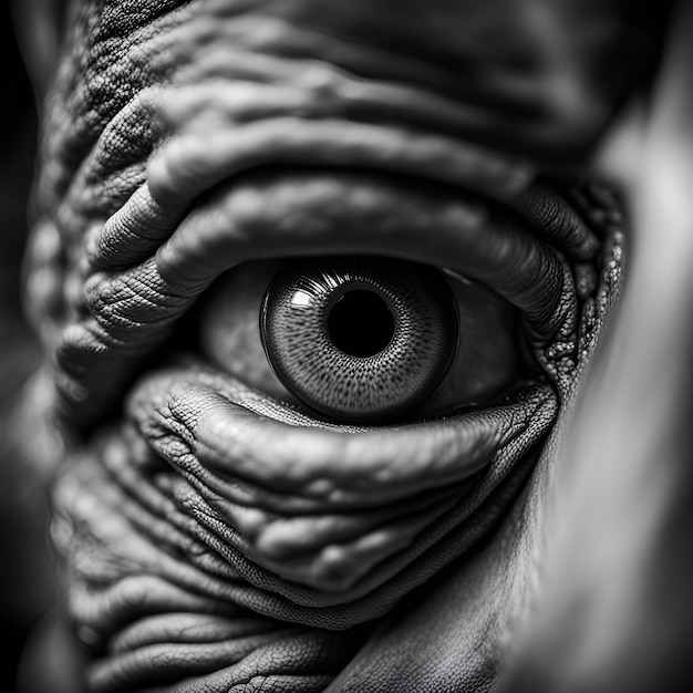 Foto closeup of a half human half animal eye with many textured wrinkles fascinating look monster eye