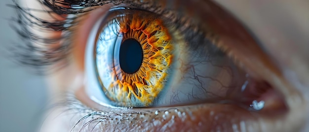 写真 人間の眼のクローズアップアイリスの眉毛と視覚神経を示し医学用語のテキストオーバーレイコンセプト・クローズアップ写真人間の眼のアイリスの細部視覺神経の眉毛医学用語