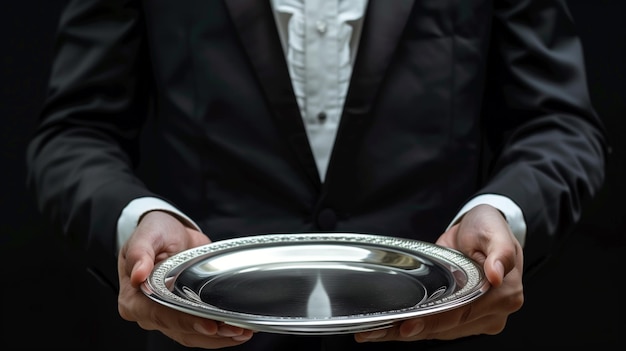 写真 closeup of a male butler in a tuxedo presenting an empty silver tray set against a dark background