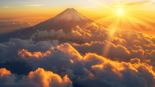 写真 黄金色の太陽の光に浴びて雲に囲まれた山頂のクローズアップ シンボル