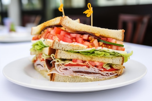 Фото Крупный план многослойного клубного сэндвича на белой тарелке