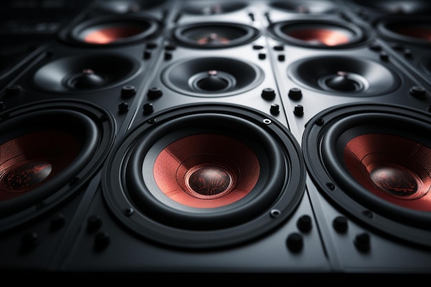 Фото Клоуз-ап мультимедийной акустической звуковой системы, усиливающей музыку на черном