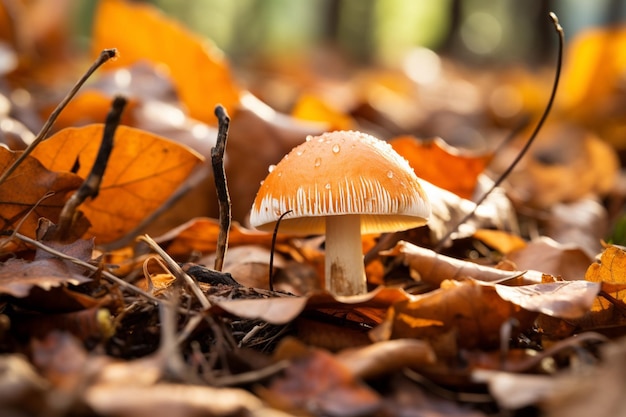 Foto closeup of a mushroom growing on a tree stump surrounded by fallen leaves