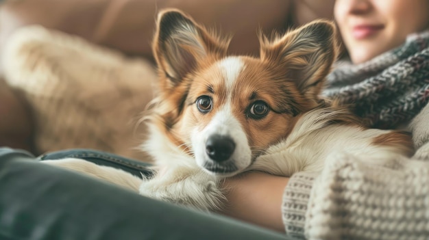 写真 快適なソファで飼い主と抱きしめた遊び心のある子犬のクローズアップ