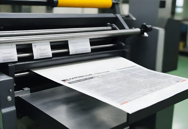 Фото Близкий взгляд на печатный станок с движущимся печатным материалом и видимыми этикетками предосторожности
