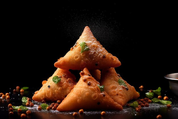 写真 closeup of a samosa being served with a sprinkle of crushed red pepper flakes