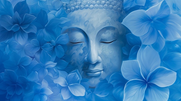 写真 やかな青いホルテンジアの花の海に囲まれた静かな仏像の顔のクローズアップ