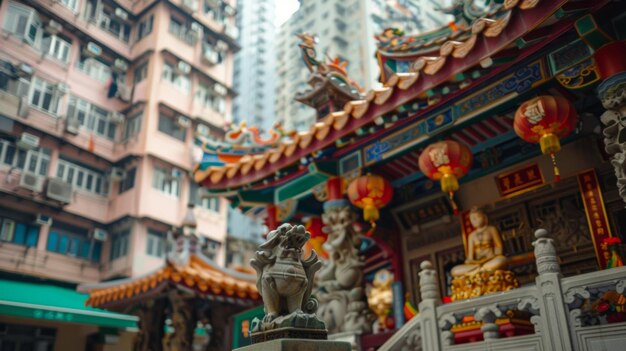 写真 忙しい街の高層ビルに隠された小さな神社をクローズアップして 謙虚な生活を提供しています