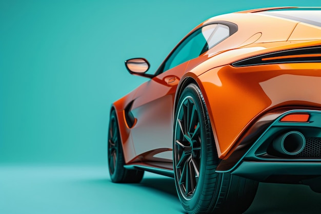 Фото Клоуз-ап спортивной машины в оранжевом цвете на бирюзовом фоне