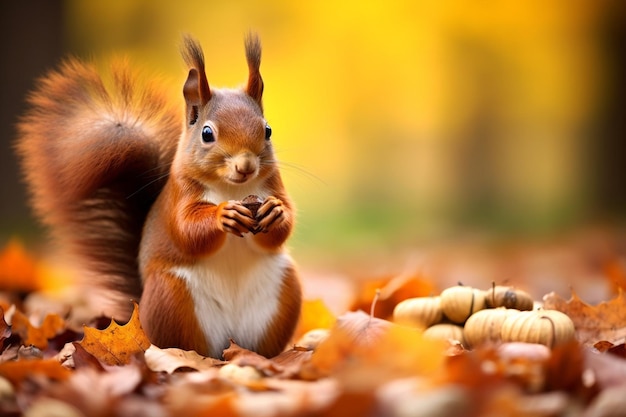 写真 closeup of a squirrel eating an acorn in autumn