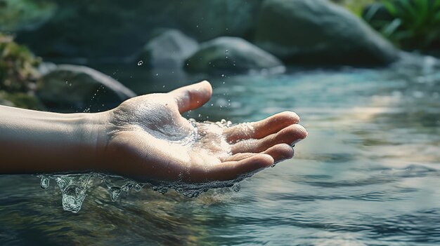 Фото Крупный план женской руки, тянущейся к искусственному интеллекту, генерирующему воду